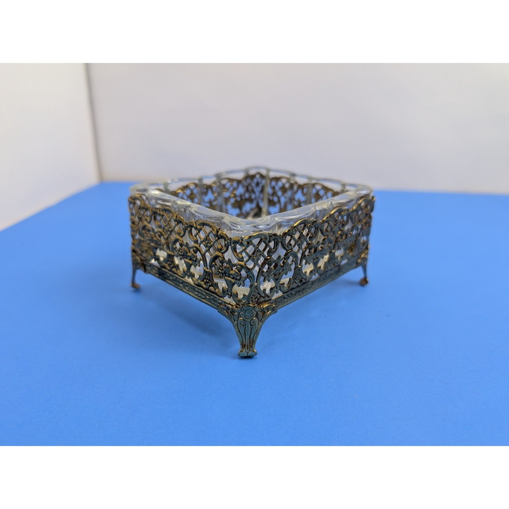 Vintage Hollywood Regency Open Trinket Box Gold and Glass Ormolu Brass Soap Dish